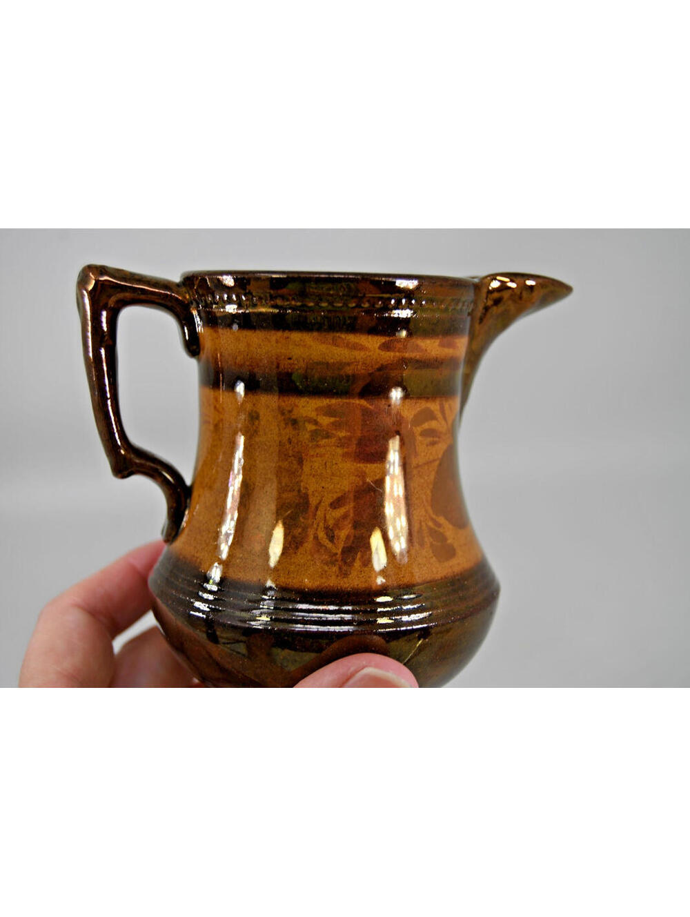 English Copper Brown Luster Ware 4” Pitcher Creamer HP Leaves c 1850 Antique